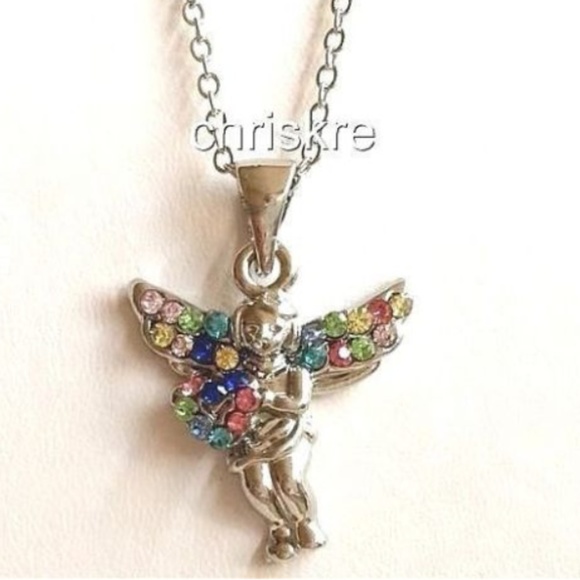 Silver Crystal Angel Necklace 18" Sparkly Colors - Picture 1 of 5
